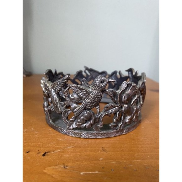 Vintage Pewter Metal Candle Jar Holder Stand Hummingbirds Hibiscus Flowers - Picture 1 of 9